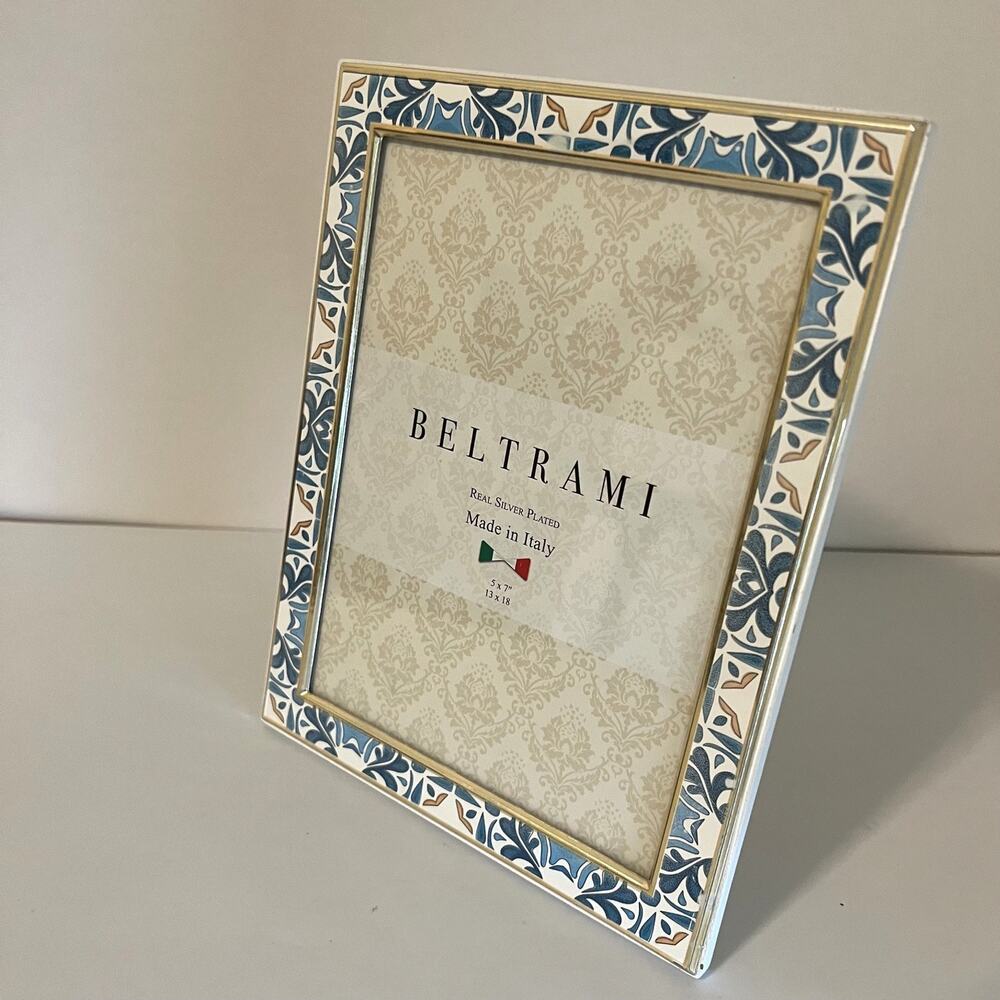 Beltrami Silver Plated 5x7 Picture Frame Blue Floral Made In Italy